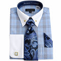 Men's Blue Glen Plaid French Cuff Dress Shirt Set - Upscale Men's Fashion