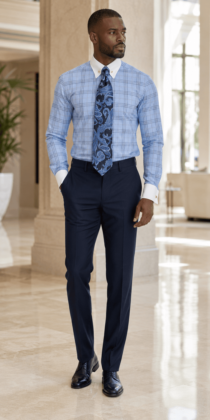 Men's Blue Glen Plaid French Cuff Dress Shirt Set - Upscale Men's Fashion