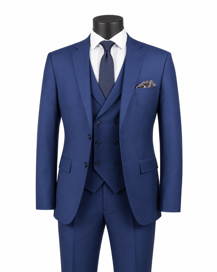 Men’s Blue Modern Fit 3-Piece Suit with Double-Breasted Vest – Altavilla Collection - Upscale Men's Fashion