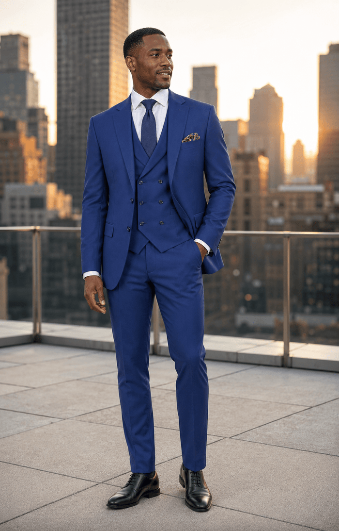 Men’s Blue Modern Fit 3-Piece Suit with Double-Breasted Vest – Altavilla Collection - Upscale Men's Fashion