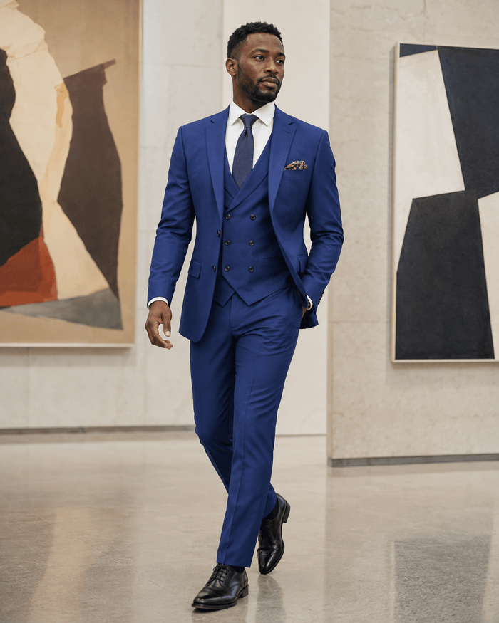 Men’s Blue Modern Fit 3-Piece Suit with Double-Breasted Vest – Altavilla Collection - Upscale Men's Fashion
