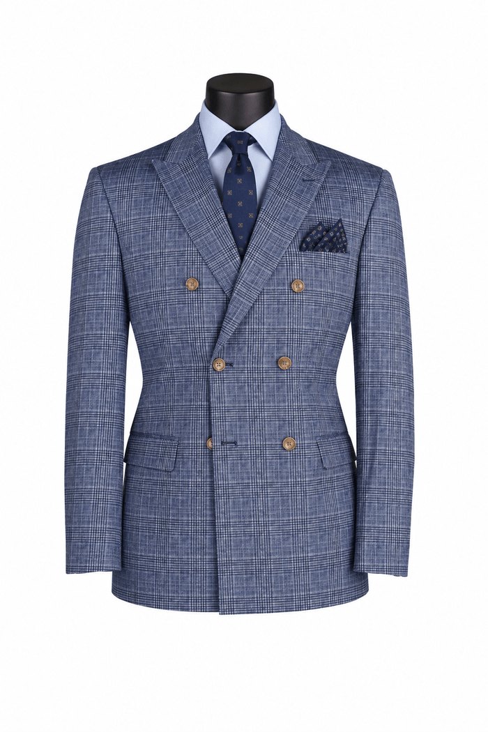 Men's Blue Windowpane Double-Breasted Blazer - Upscale Men's Fashion