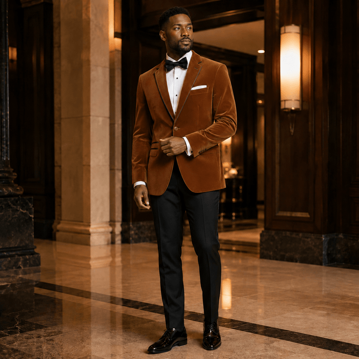 Men's Bourbon Velvet Regular Fit Sport Coat with Black Trim - Upscale Men's Fashion