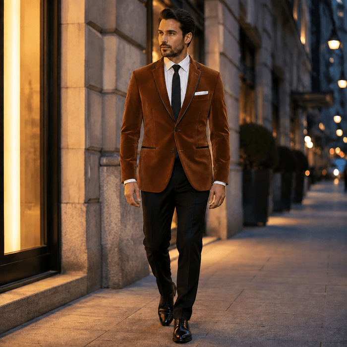 Men's Bourbon Velvet Regular Fit Sport Coat with Black Trim - Upscale Men's Fashion