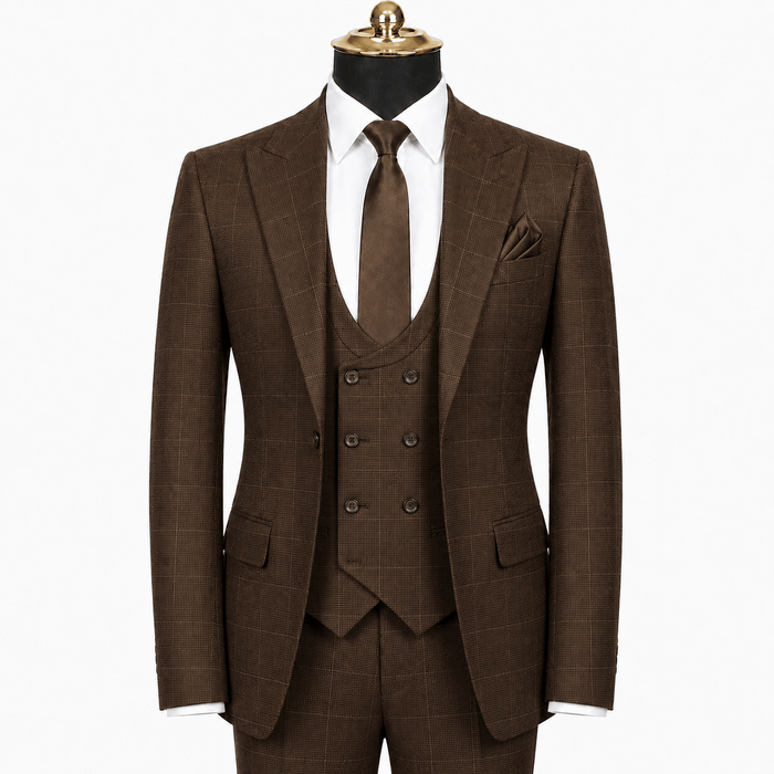 Men's Brown Glen Plaid Slim Fit Stretch 3-Piece Suit - Upscale Men's Fashion
