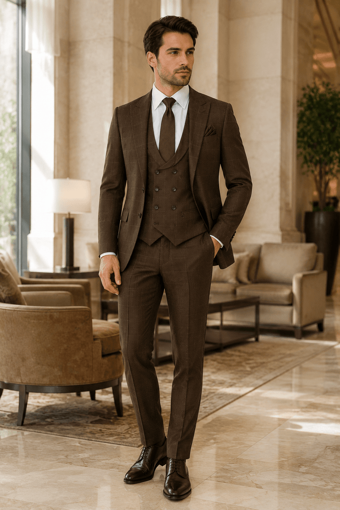 Men's Brown Glen Plaid Slim Fit Stretch 3-Piece Suit - Upscale Men's Fashion