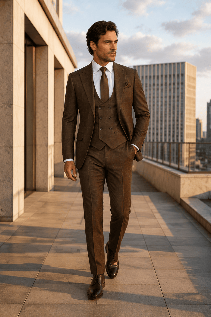 Men's Brown Glen Plaid Slim Fit Stretch 3-Piece Suit - Upscale Men's Fashion