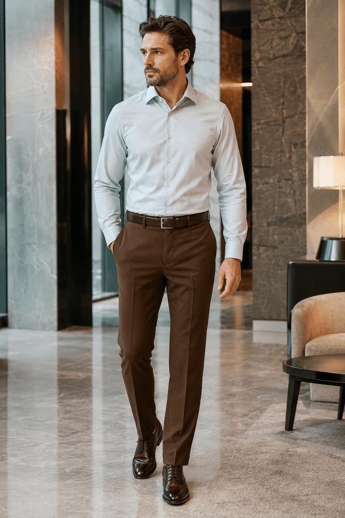 Men's Brown Modern Fit Pre-Hemmed Dress Pants - Upscale Men's Fashion