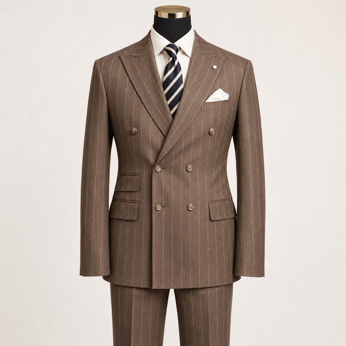 Men’s Brown Pinstripe Regular Fit Double-Breasted Suit – Cavallo Collection - Upscale Men's Fashion
