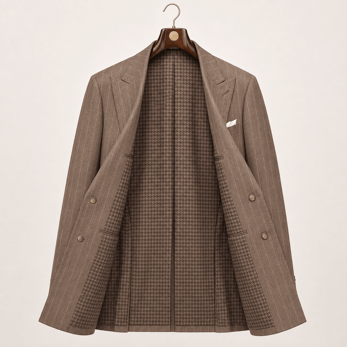Men’s Brown Pinstripe Regular Fit Double-Breasted Suit – Cavallo Collection - Upscale Men's Fashion