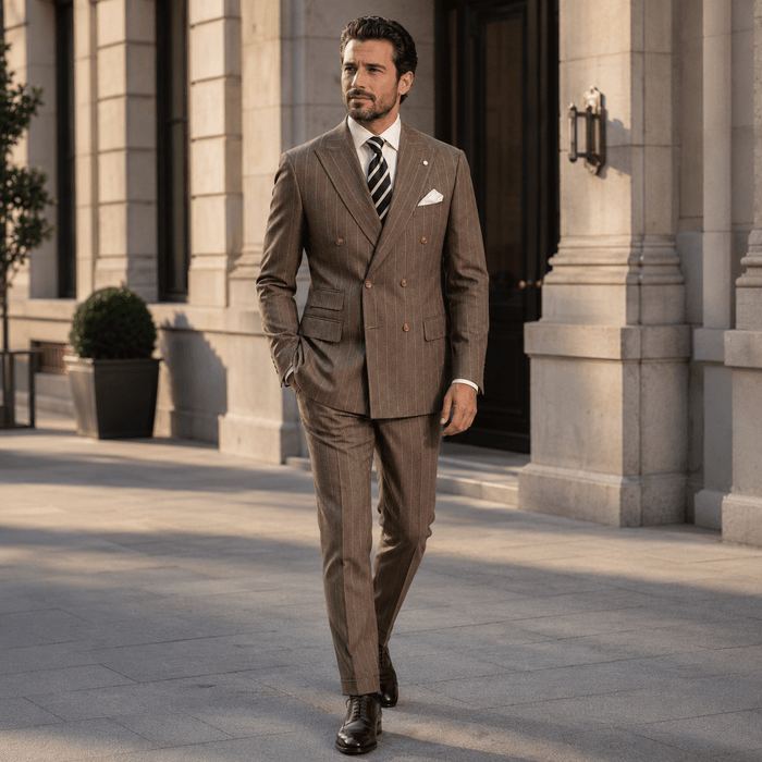Men’s Brown Pinstripe Regular Fit Double-Breasted Suit – Cavallo Collection - Upscale Men's Fashion