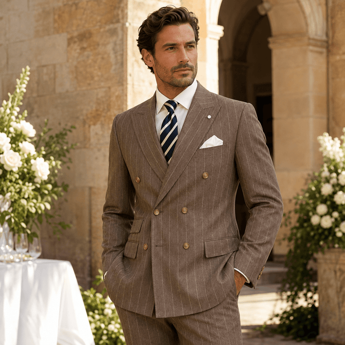 Men’s Brown Pinstripe Regular Fit Double-Breasted Suit – Cavallo Collection - Upscale Men's Fashion