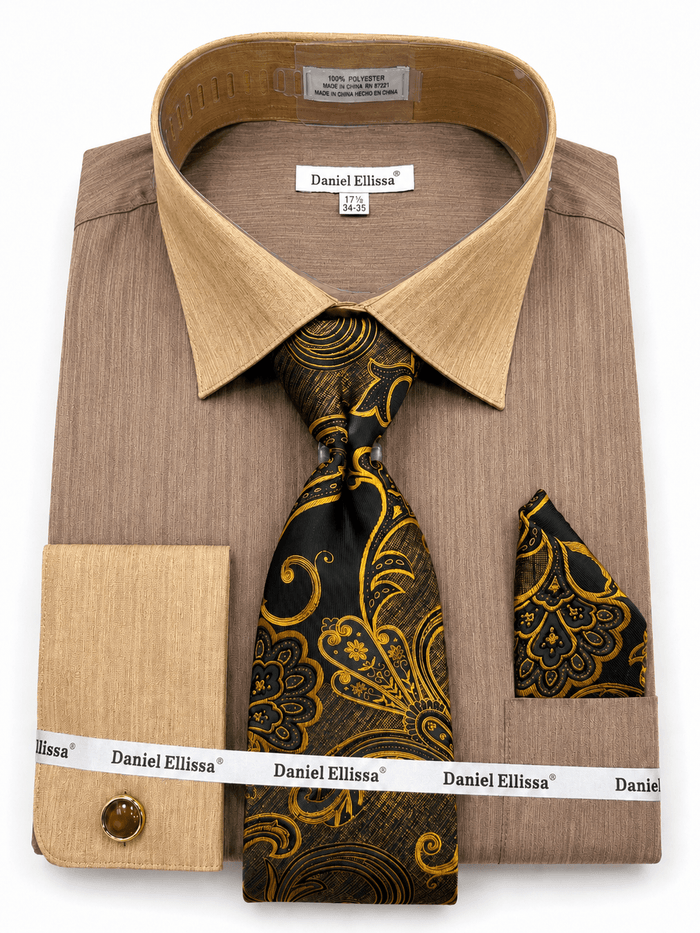 Men’s Brown Textured Dress Shirt Set with Tie & Pocket Square - Upscale Men's Fashion