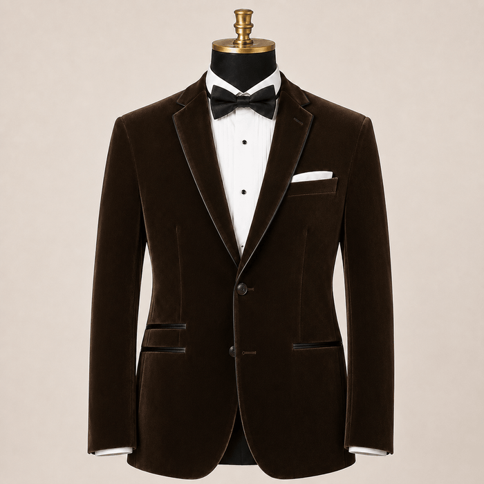 Men's Brown Velvet Regular Fit Sport Coat with Black Trim - Upscale Men's Fashion