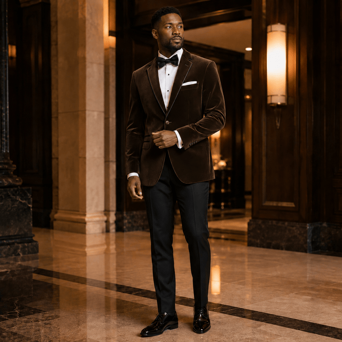 Men's Brown Velvet Regular Fit Sport Coat with Black Trim - Upscale Men's Fashion