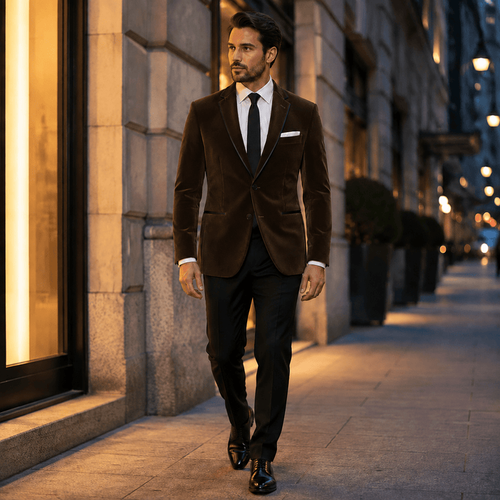 Men's Brown Velvet Regular Fit Sport Coat with Black Trim - Upscale Men's Fashion