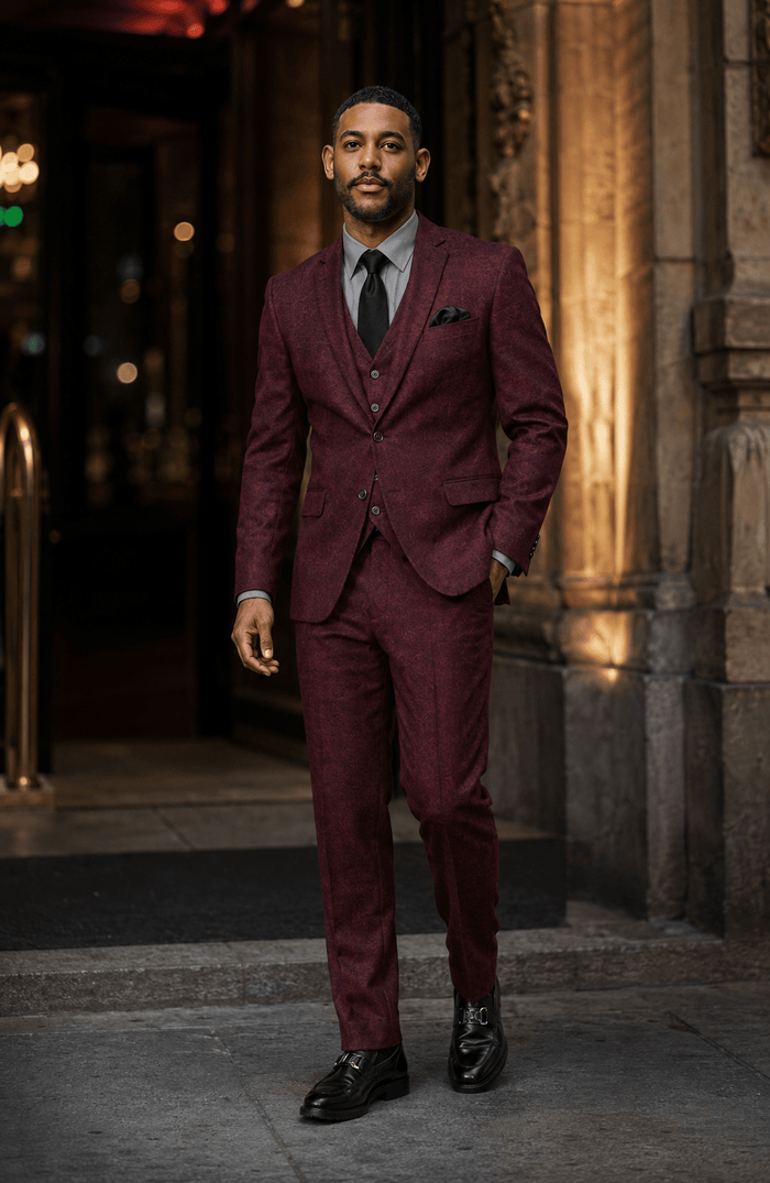 Men's Burgundy Hybrid Fit 3-Piece Tweed Suit | Alveron Collection - Upscale Men's Fashion