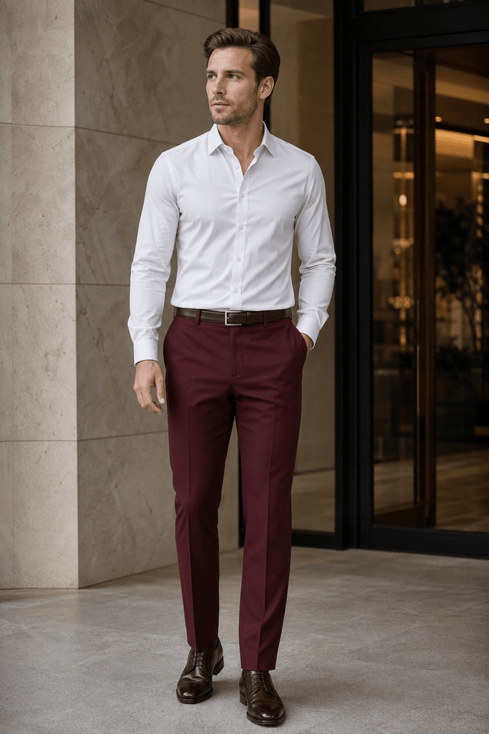 Men's Burgundy Modern Fit Pre-Hemmed Dress Pants - Upscale Men's Fashion