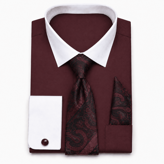 Men's Burgundy White Collar French Cuff Dress Shirt Set - Upscale Men's Fashion