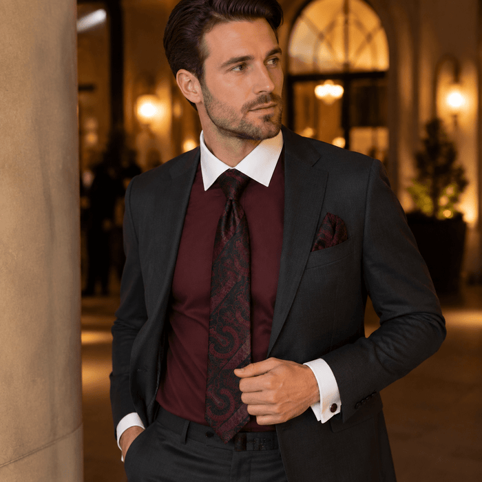 Men's Burgundy White Collar French Cuff Dress Shirt Set - Upscale Men's Fashion