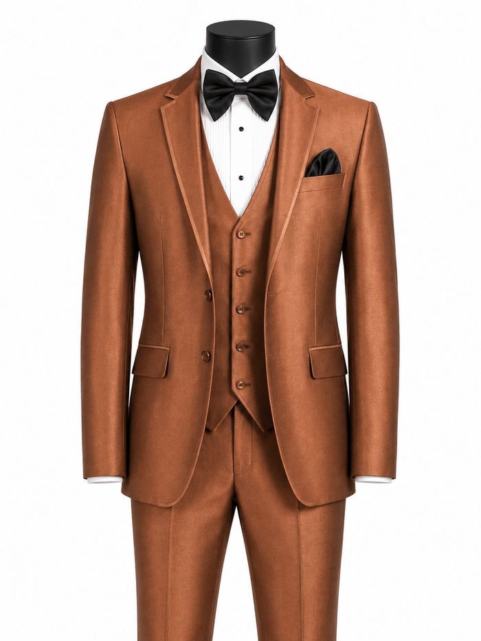 Men’s Cappuccino Slim Fit 3-Piece Satin-Look Suit with Vest – Valdoro Collection - Upscale Men's Fashion