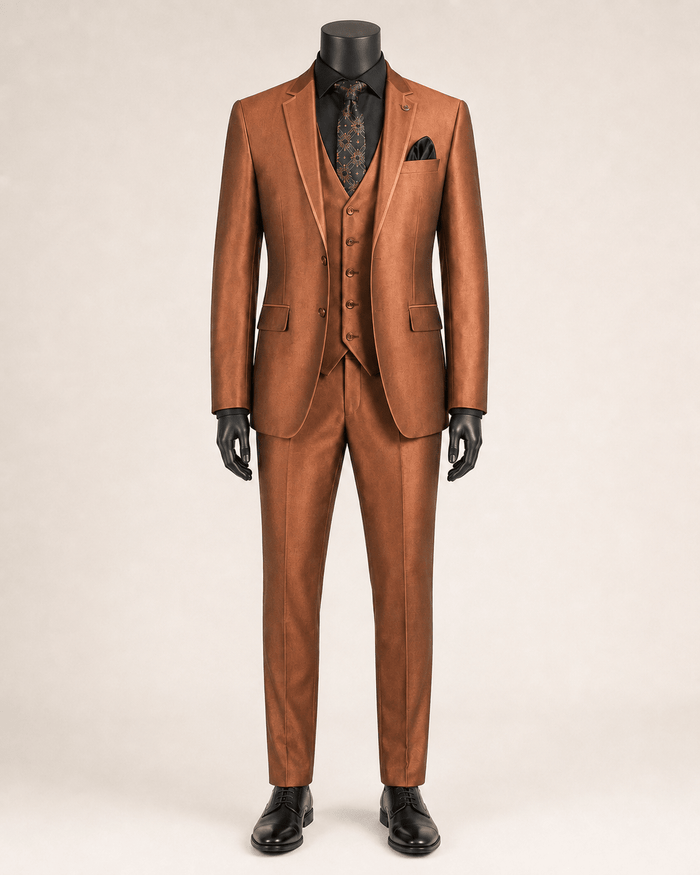 Men’s Cappuccino Slim Fit 3-Piece Satin-Look Suit with Vest – Valdoro Collection - Upscale Men's Fashion