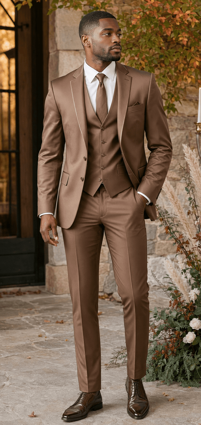 Men’s Cappuccino Slim Fit 3-Piece Satin-Look Suit with Vest – Valdoro Collection - Upscale Men's Fashion