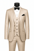 Men’s Champagne Beige Slim Fit 3-Piece Satin-Look Suit with Vest – Valdoro Collection - Upscale Men's Fashion
