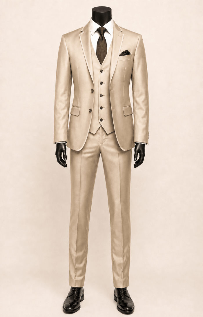 Men’s Champagne Beige Slim Fit 3-Piece Satin-Look Suit with Vest – Valdoro Collection - Upscale Men's Fashion