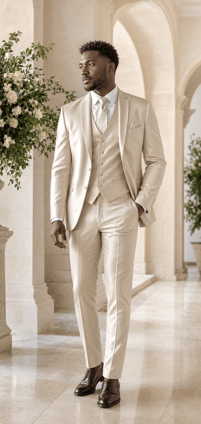 Men’s Champagne Beige Slim Fit 3-Piece Satin-Look Suit with Vest – Valdoro Collection - Upscale Men's Fashion