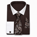 Men's Dark Brown White Collar French Cuff Dress Shirt Set - Upscale Men's Fashion
