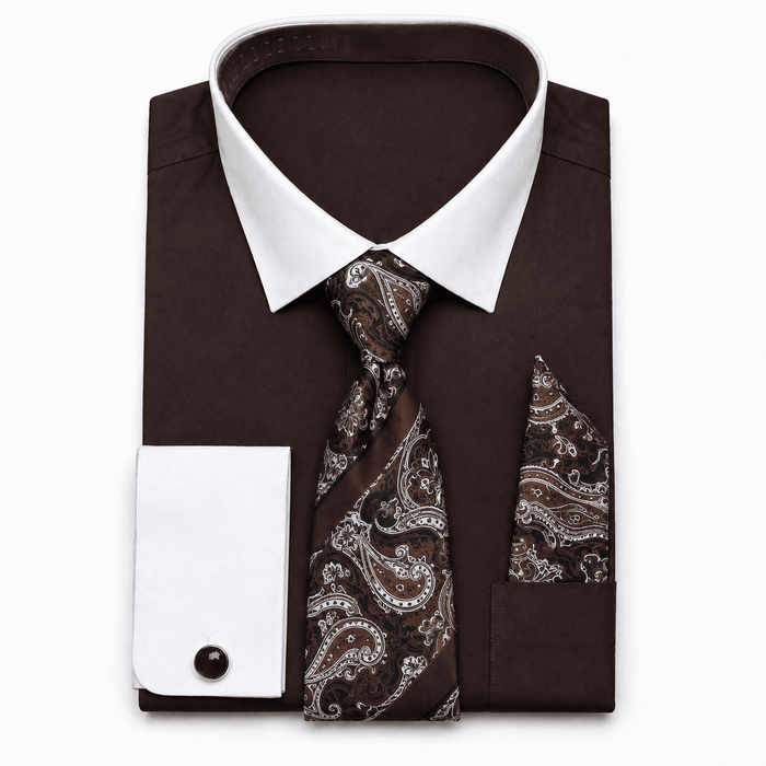 Men's Dark Brown White Collar French Cuff Dress Shirt Set - Upscale Men's Fashion