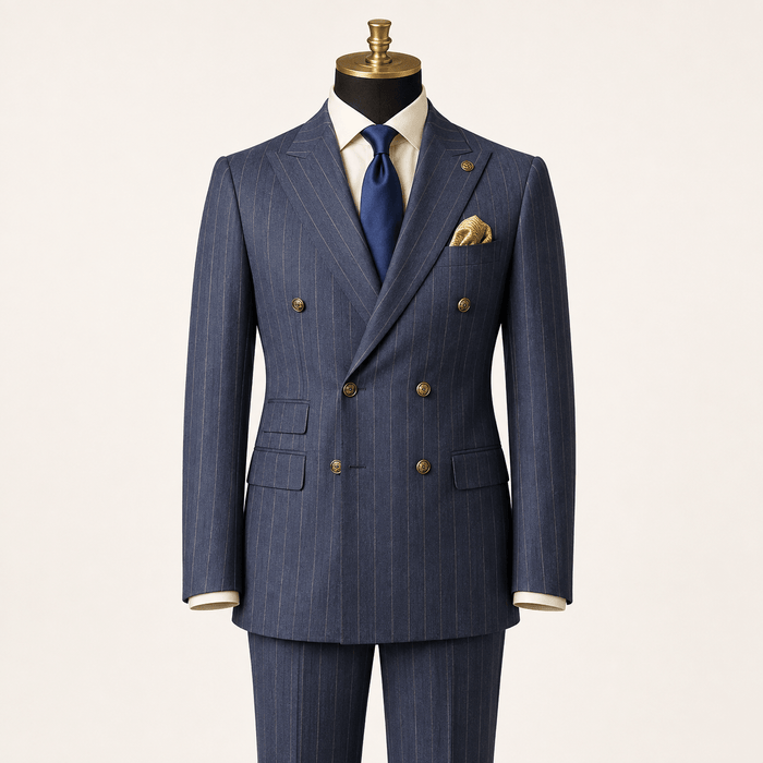 Men’s Denim Blue Pinstripe Regular Fit Double-Breasted Suit – Cavallo Collection - Upscale Men's Fashion