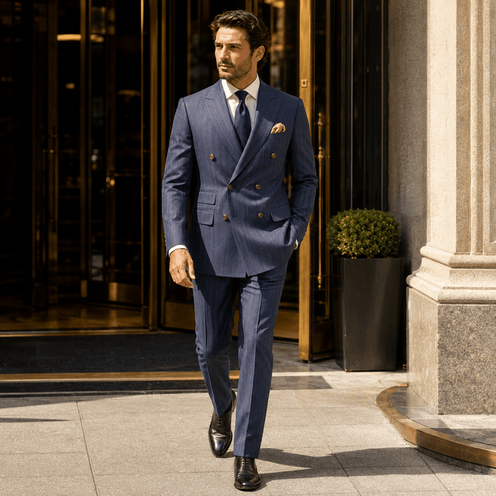 Men’s Denim Blue Pinstripe Regular Fit Double-Breasted Suit – Cavallo Collection - Upscale Men's Fashion