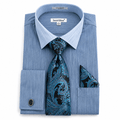 Men’s Denim Blue Textured Dress Shirt Set with Tie & Pocket Square - Upscale Men's Fashion