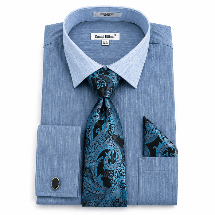 Men’s Denim Blue Textured Dress Shirt Set with Tie & Pocket Square - Upscale Men's Fashion