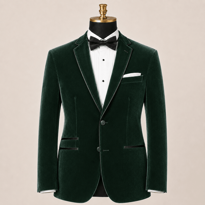 Men's Emerald Green Velvet Regular Fit Sport Coat with Black Trim - Upscale Men's Fashion