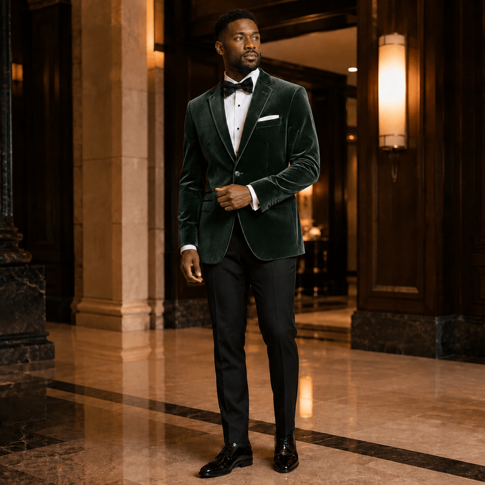 Men's Emerald Green Velvet Regular Fit Sport Coat with Black Trim - Upscale Men's Fashion