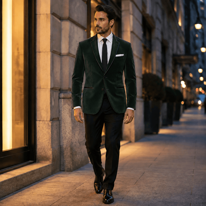 Men's Emerald Green Velvet Regular Fit Sport Coat with Black Trim - Upscale Men's Fashion