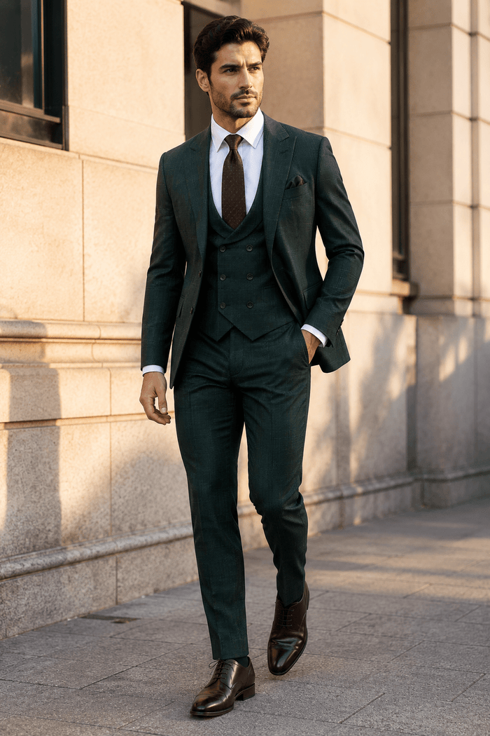 Men's Green Glen Plaid Slim Fit Stretch 3-Piece Suit - Upscale Men's Fashion