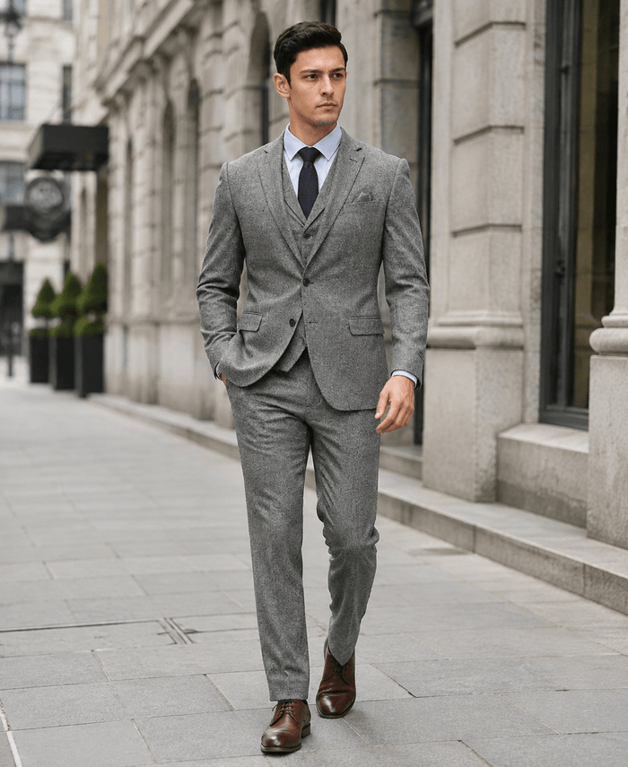 Men's Grey Hybrid Fit 3-Piece Tweed Suit | Alveron Collection - Upscale Men's Fashion