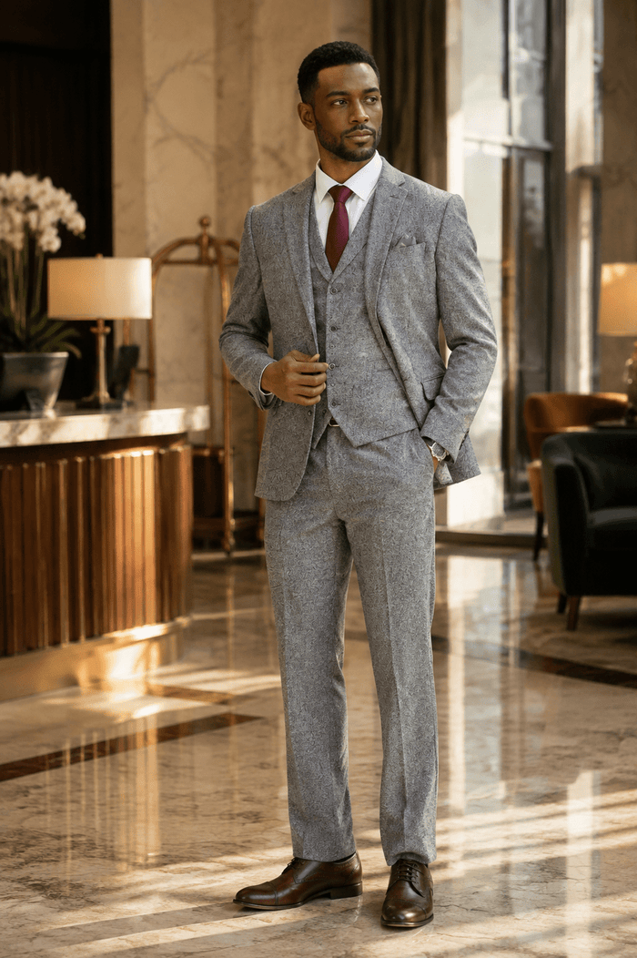 Men's Grey Hybrid Fit 3-Piece Tweed Suit | Alveron Collection - Upscale Men's Fashion