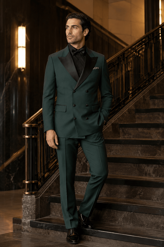 Men’s Hunter Green Modern Fit 2-Piece Double-Breasted Tuxedo – Bellavaro Collection - Upscale Men's Fashion