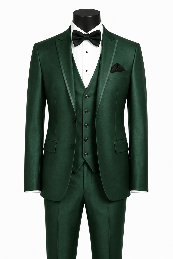 Men’s Hunter Green Slim Fit 3-Piece Satin-Look Suit with Vest – Valdoro Collection - Upscale Men's Fashion