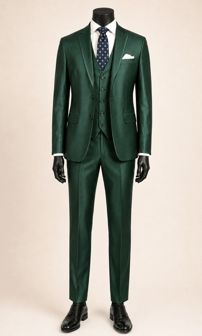 Men’s Hunter Green Slim Fit 3-Piece Satin-Look Suit with Vest – Valdoro Collection - Upscale Men's Fashion