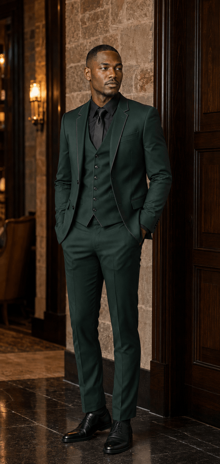 Men’s Hunter Green Slim Fit 3-Piece Satin-Look Suit with Vest – Valdoro Collection - Upscale Men's Fashion