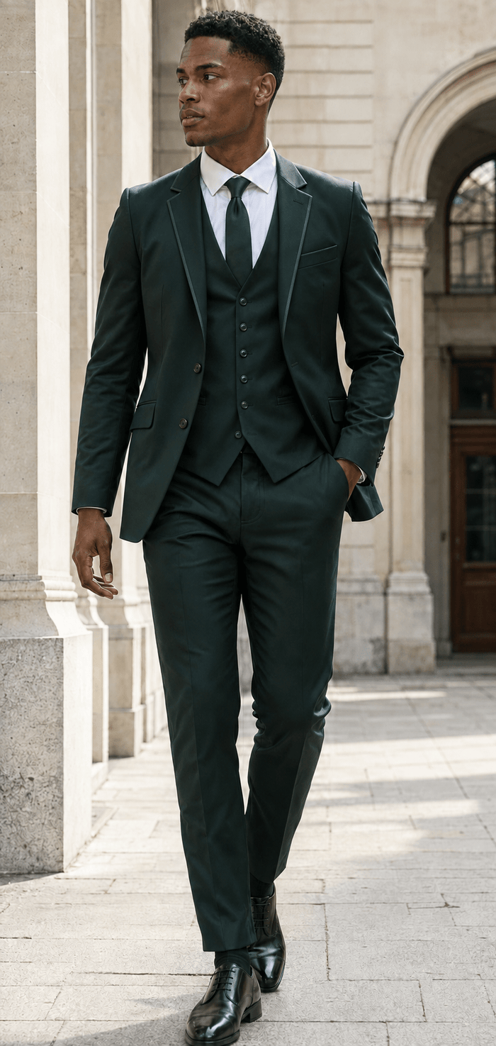 Men’s Hunter Green Slim Fit 3-Piece Satin-Look Suit with Vest – Valdoro Collection - Upscale Men's Fashion
