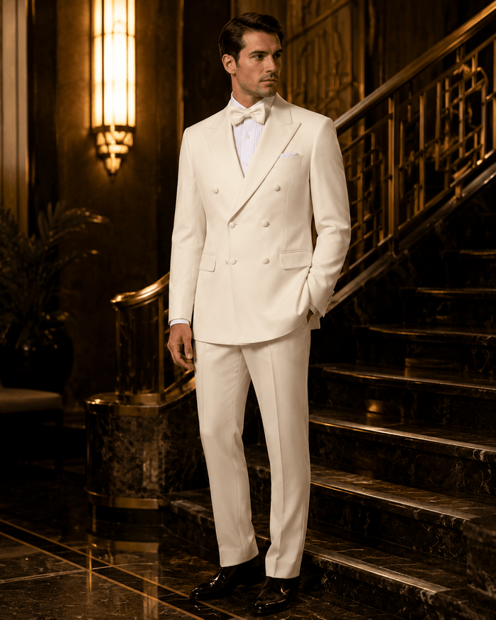 Men’s Ivory Modern Fit 2-Piece Double-Breasted Tuxedo – Bellavaro Collection - Upscale Men's Fashion