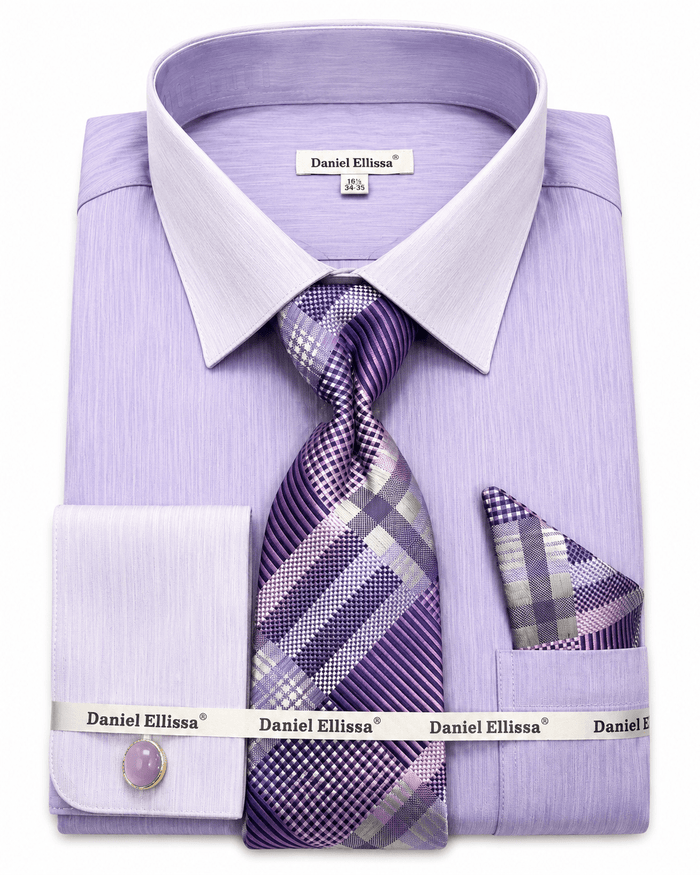 Men’s Lavender Textured Dress Shirt Set with Tie & Pocket Square - Upscale Men's Fashion