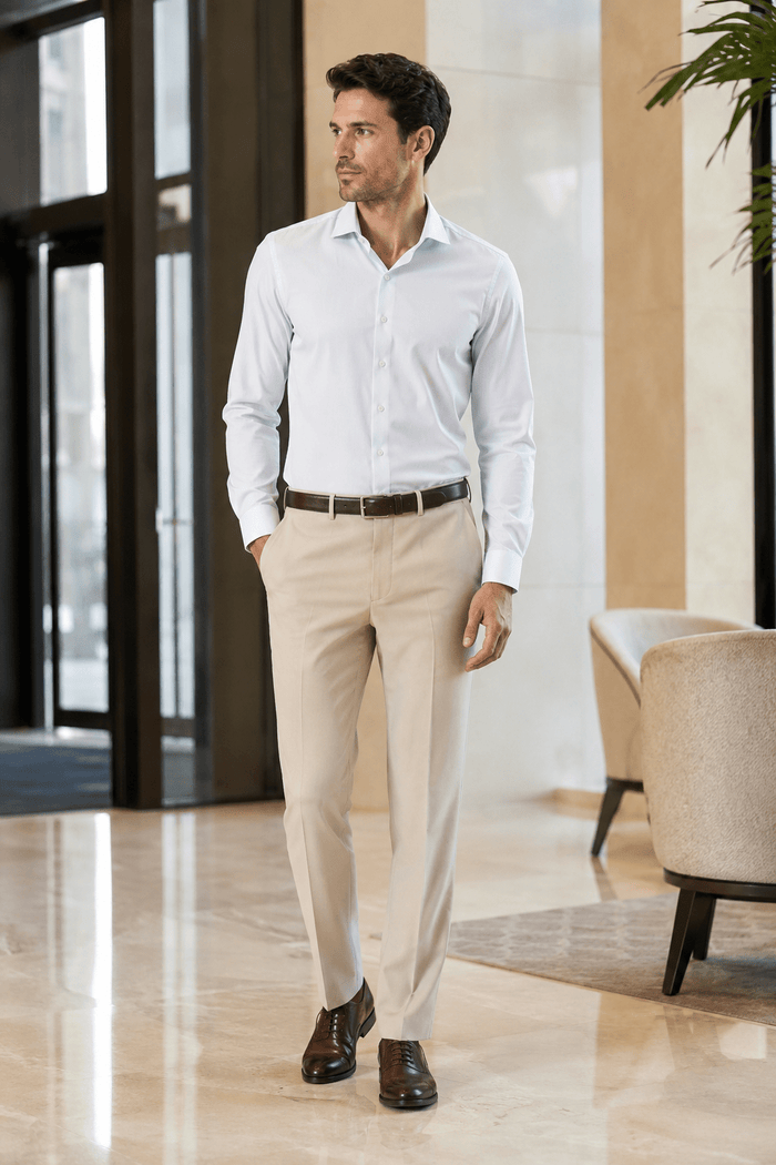 Men's Light Beige Modern Fit Pre-Hemmed Dress Pants - Upscale Men's Fashion